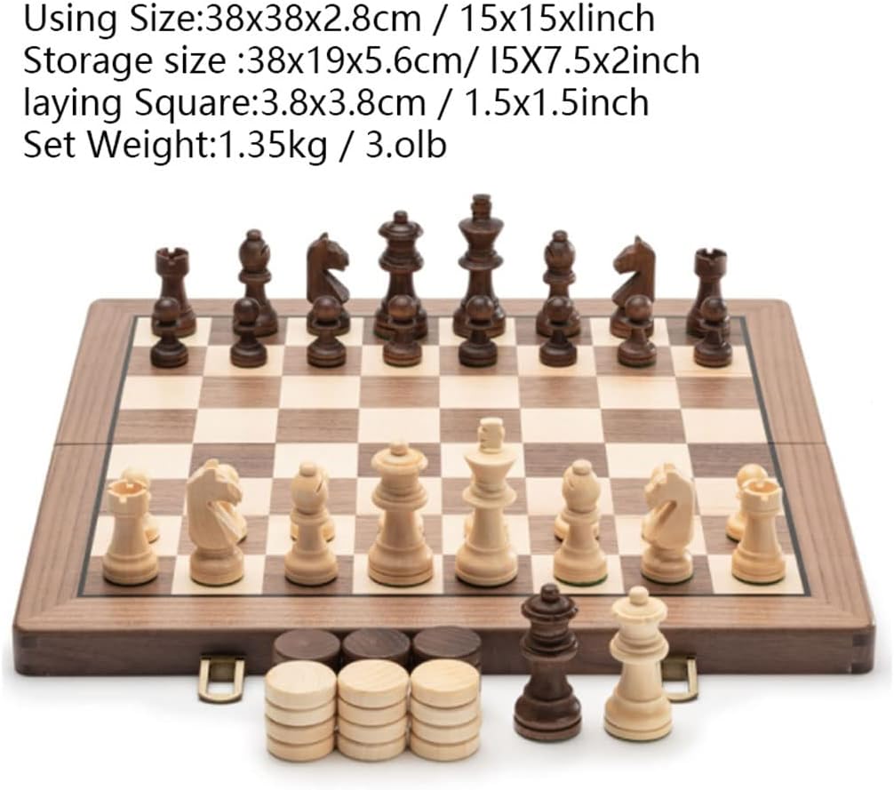 Chess Set 15 Inch Walnut Handcrafted Chess Checkers Wood Set with 2 Extra Queens,2 in 1 Board Game with Felt Game Board Inside for Storage International Chess