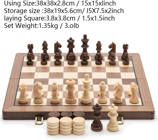 Chess Set 15 Inch Walnut Handcrafted Chess Checkers Wood Set with 2 Extra Queens,2 in 1 Board Game with Felt Game Board Inside for Storage International Chess