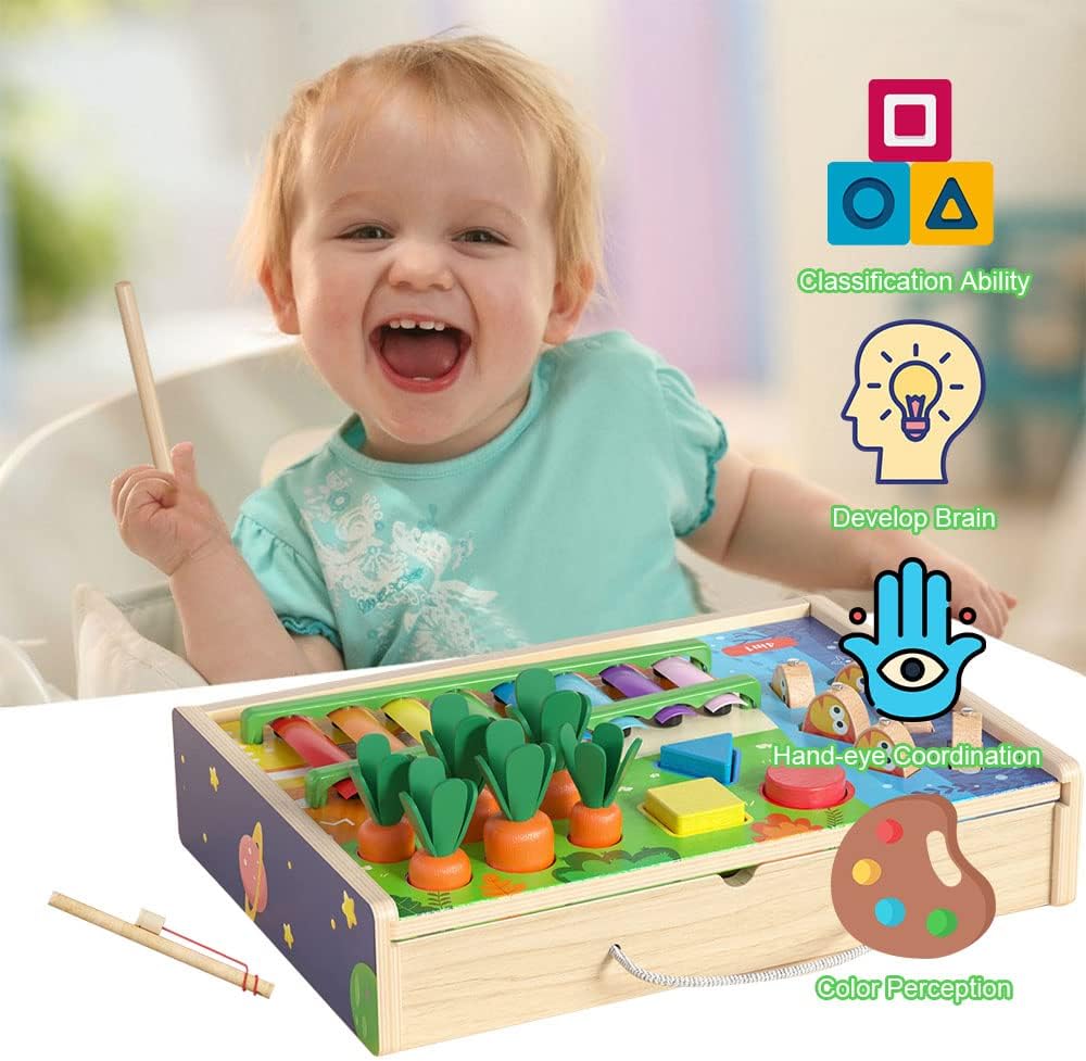 4-in-1 Wooden Hammering Pounding Toys, Toys for Toddlers with Xylophone,Fishing Game,Shape Sorter,Carrot Harvest,Wooden Sensory Toys for 3 4 5 Year Old Learning Educational Toys