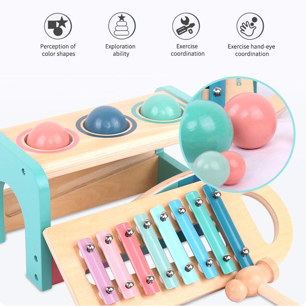 Wooden Pounding and Hammer Toy Xylophone and Gear Pounding a Ball Track Game with Hammer Toddler Toys for 3 Year