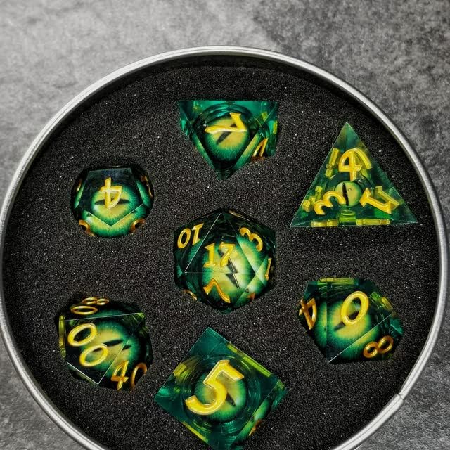 Jiggling Eye Liquid Core 7-PC Sharp Edge Resin Polyhedral DND Dice Set (Eye of The Green Serpent)