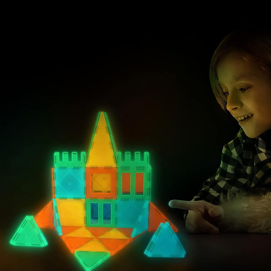 Tiles Glow in The Dark Magnetic Tiles 60-Piece Building Set, Diverse Multi-Color Shapes, STEM Toy, Cars, Creative Play, Storage Bag & UV Keychain Flashlight for Drawing on Tiles, Ages 3+