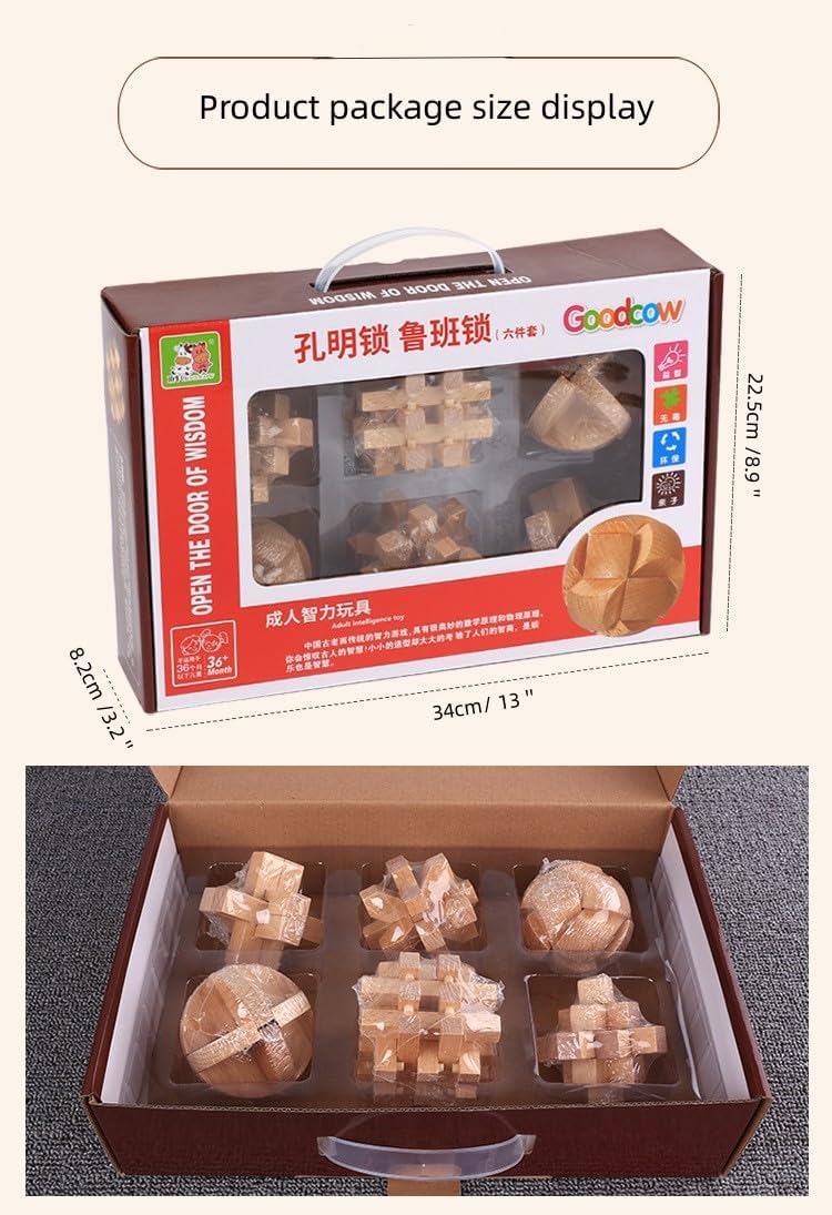 Disentanglement Iron Link Unlock Interlock Game, 6 Puzzle Untie Sets Link of Wooden Game Interlock Buckle Ring Unlock Novelty Educational Toy