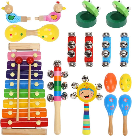 Toddler Musical Instruments Toys , Wooden Percussion Instruments for Kids Preschool Educational with Xylophone , Rattles and Storage Bag