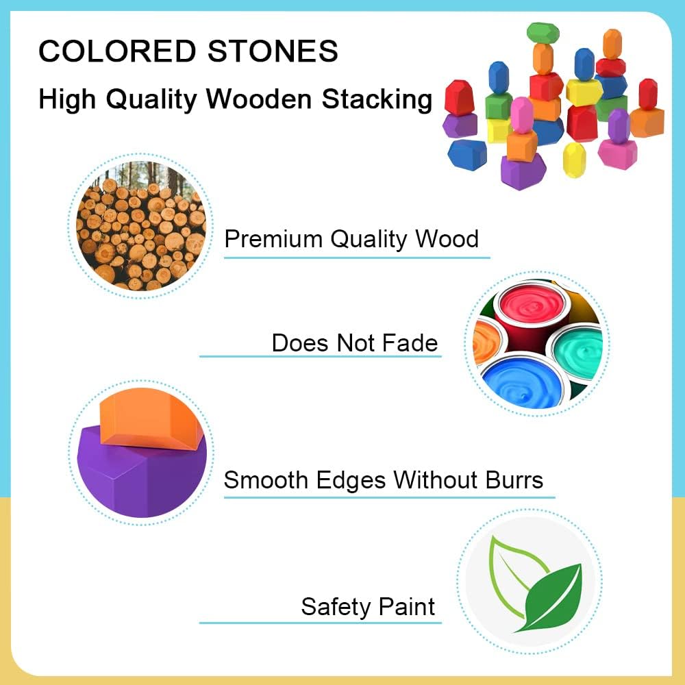 26 Pcs Educational Preschool Toys Wooden Stacking Rocks Toddler Toys Wooden Building Blocks for 3-5 Year Old Boy or Girl Birthday Gifts