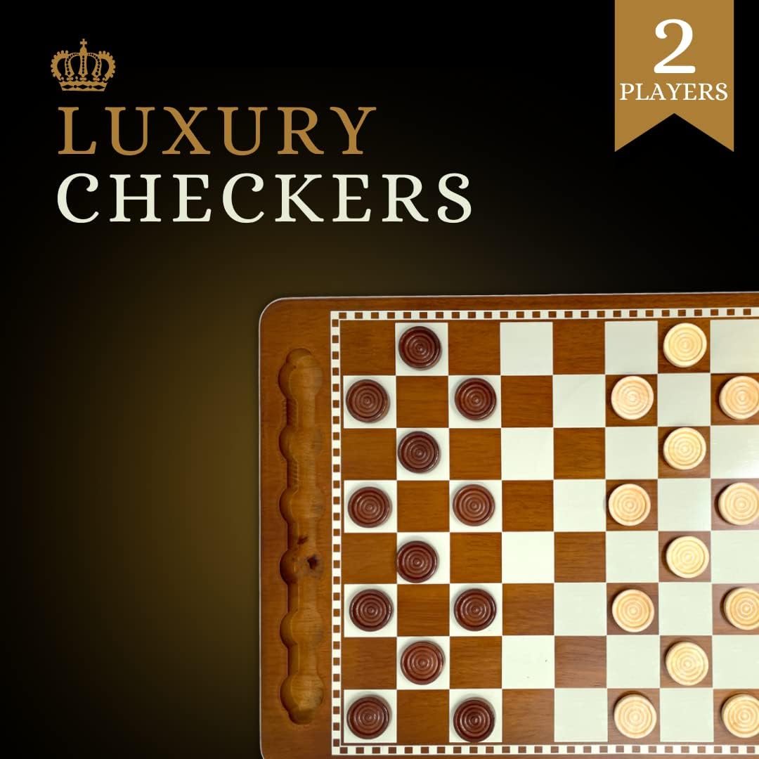 Luxury Checkers Board Game - Classic Tabletop Game Set - Solid Natural Pine Game Board, Interlocking Wood Checkers, Built-in Storage Grooves - Fun for Families, Kids, Parties - Ages 8+