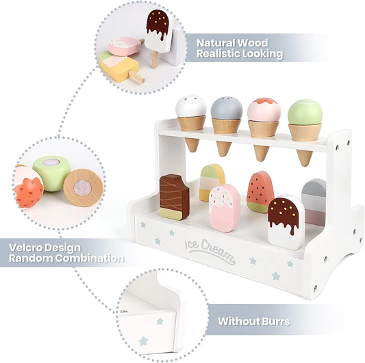 Ice Cream Toy, Wooden Serve Ice Cream Counter Set for Kids, Play Ice Cream Cart Toy for Toddlers, Pretend Play Food Toys Accessories, Popsicle Toy for Girls Boys with Menu