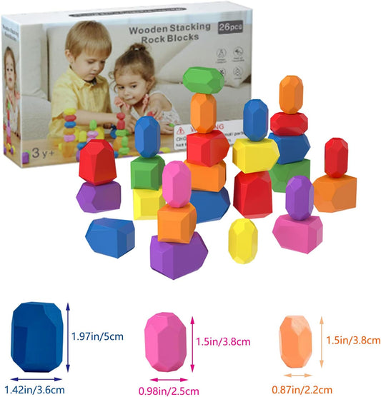 26 Pcs Wooden Stacking Rocks Balancing Stones for Boys & Girls Ages 3+ Year Old Building Blocks Preschool Educational