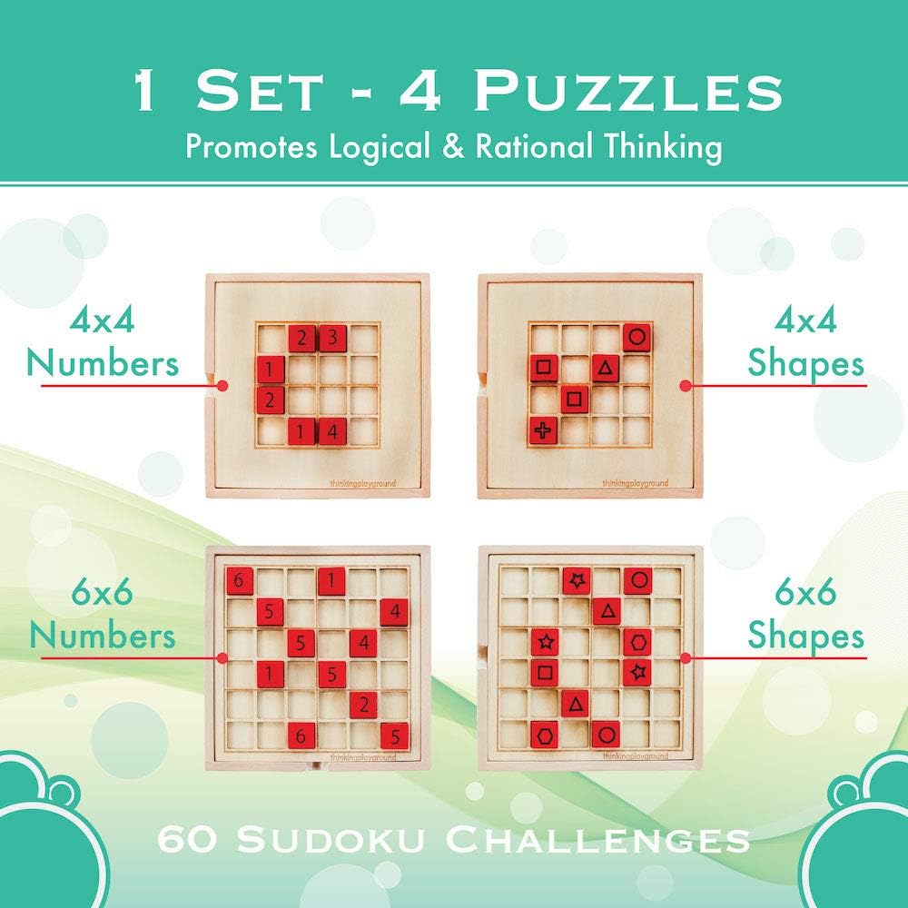 Double The Fun: Wooden Sudoku Puzzle Game for Kids with 4x4 and 6x6 Grids and 60 Challenges