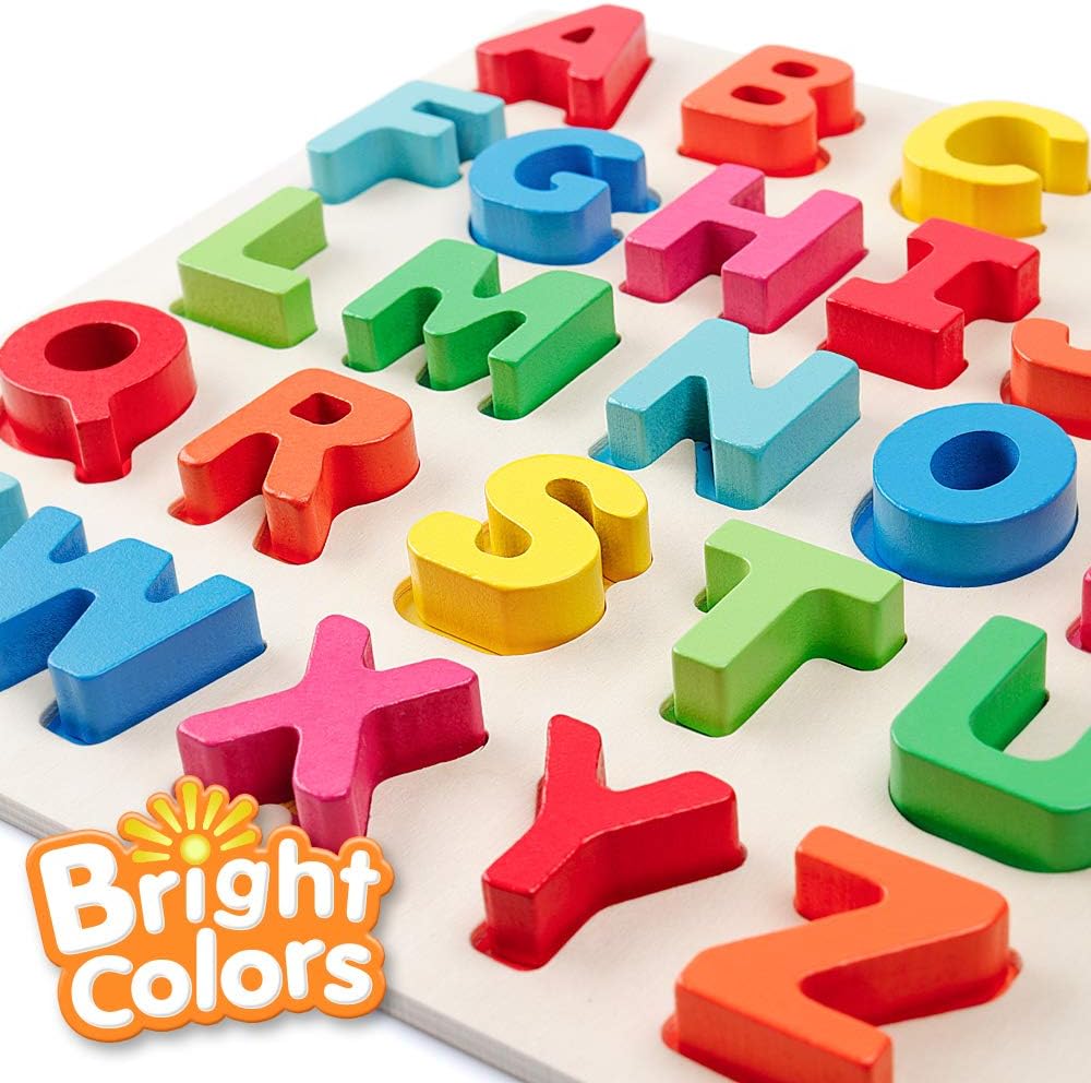Wooden Alphabet Puzzle – ABC Letters Sorting Board Blocks Matching Game Jigsaw Educational Early Learning Toy Gift for Preschool Year Old Kids