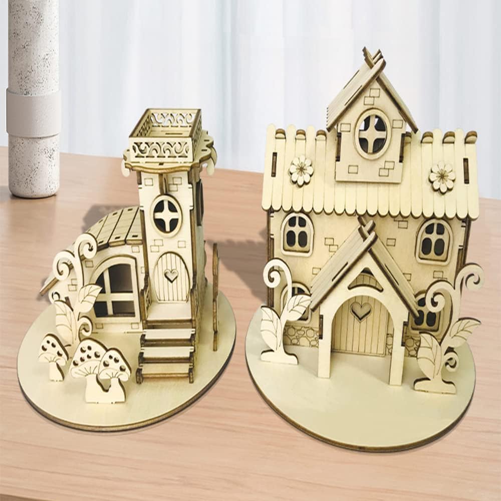 DIY Toy Holiday Small Wooden House Children's Puzzle Three-Dimensional Puzzle, Hand Assembled Wooden Small House Model (A)