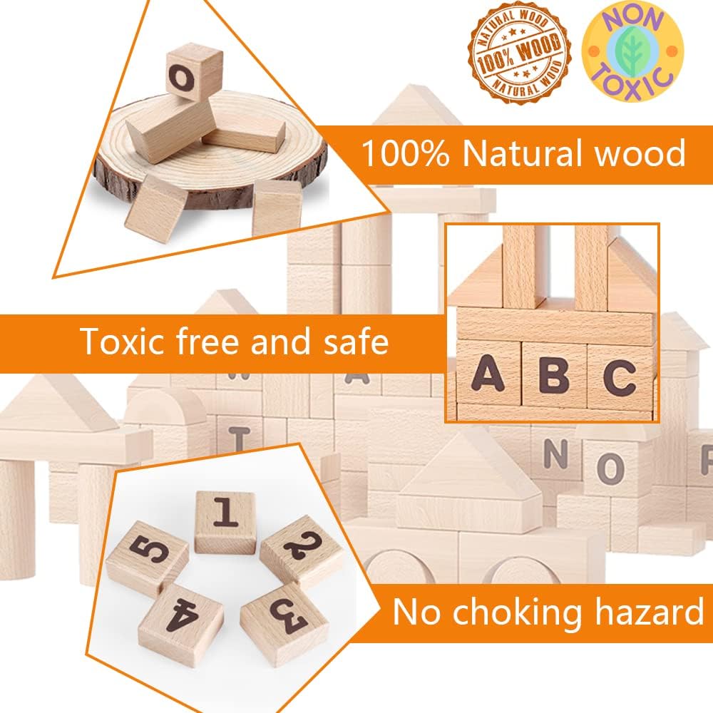 86 Pcs Standard Unit Kids Wooden Building Blocks Set Classic Wooden Blocks Natural Wood Preschool Kindergarten Toy Wooden Stacking Blocks for Kid Ages 3+