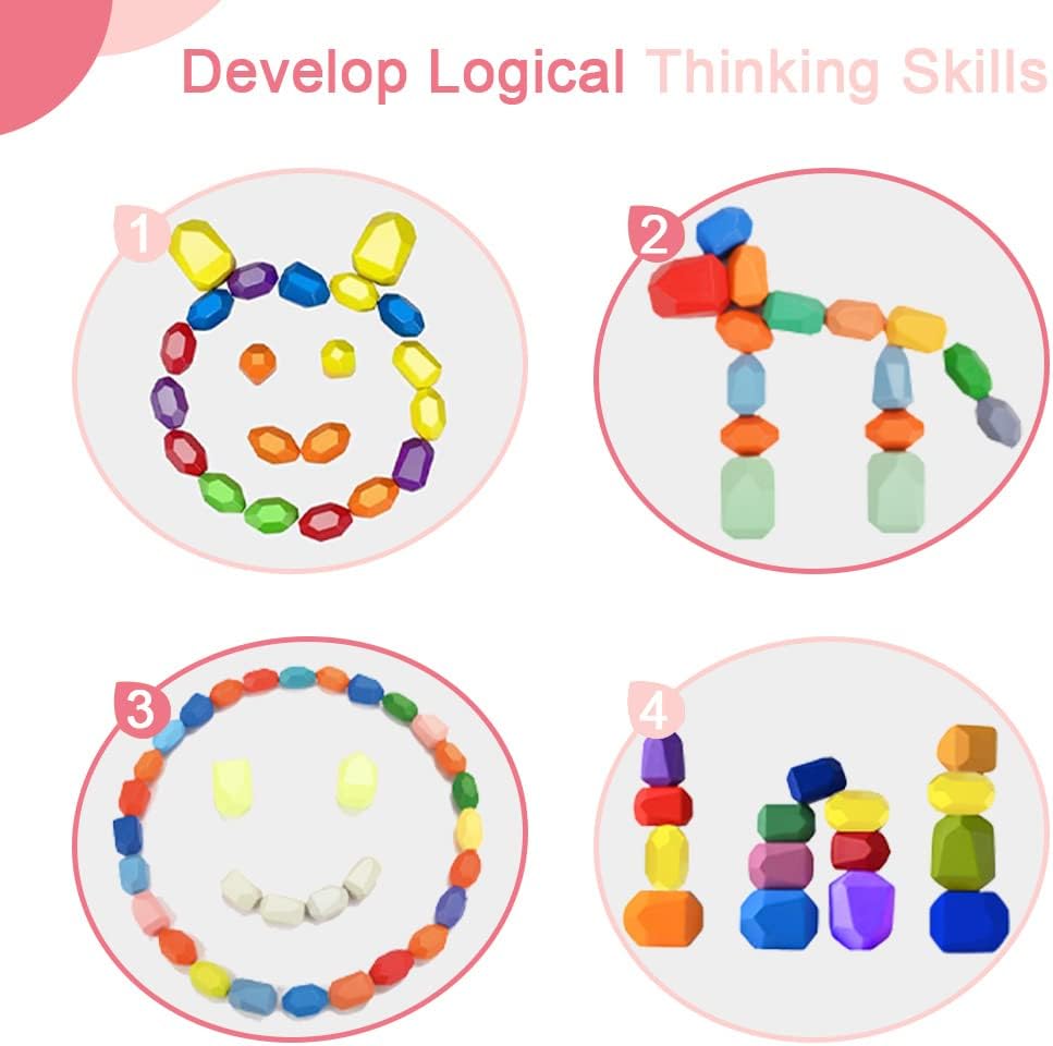 26 Pcs Toy for Preschool Learning Toy Ages 1-3 Wooden Sorting Stacking Rocks Educational Wooden Building Blocks for 1-3 Year Old Boy or Girl Birthday Gifts