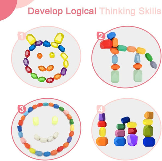 26 Pcs Toy for Preschool Learning Toy Ages 1-3 Wooden Sorting Stacking Rocks Educational Wooden Building Blocks for 1-3 Year Old Boy or Girl Birthday Gifts