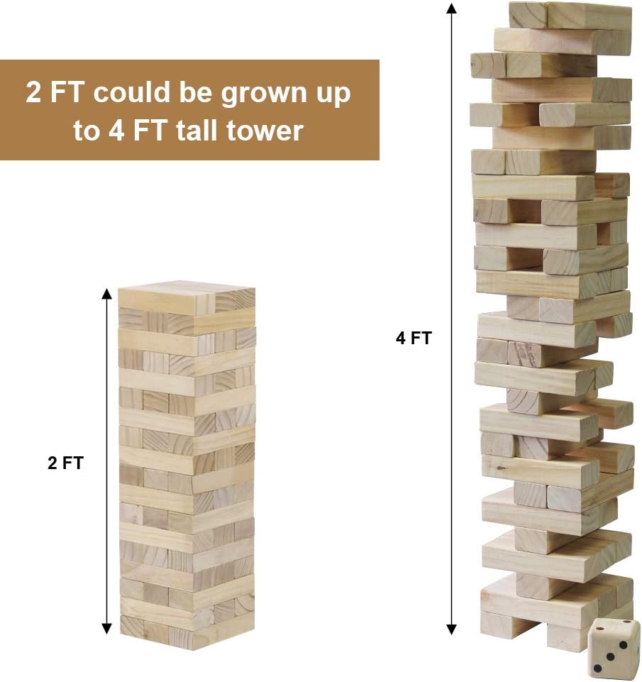 54 Pieces Giant Tumble Tower Blocks Game Giant Wood Stacking Game with 1 Dice Set Canvas Bag for Adult, Kids, Family