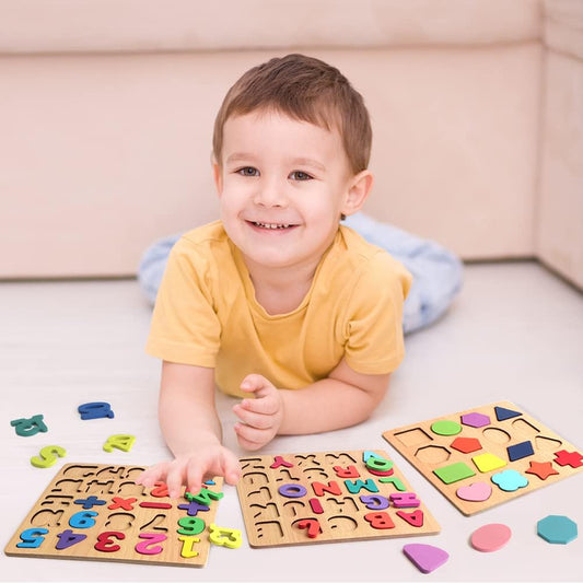 Wooden Puzzles for Toddlers, Wooden ABC Alphabet Number Shape Puzzles Toddler Learning Puzzle Toys for Kids Boys and Girls 2-4 Years Old, 3 in 1 Puzzles Educational Blocks Board Toys Ages 1-3
