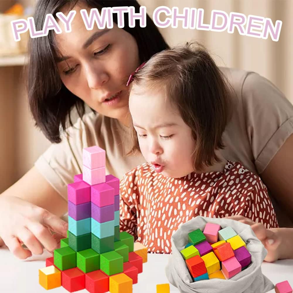 100Pcs Stacking Blocks in 10 Colors Wooden Building Blocks for Toddlers 3 4 5 Toy for Kids with Instruction Cards and Wooden Board Educational Toy Gifts for Boys and Girls