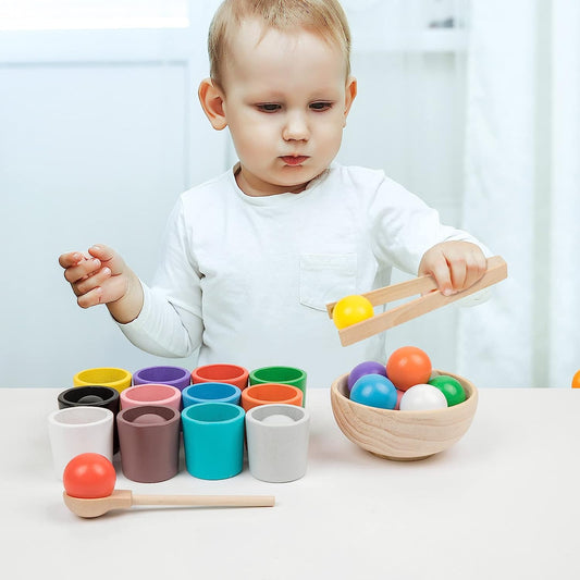 Wooden Balls and Cups Color Sorting Toy, Educational Wood Toy Set with 12 Cups, 12 Large 4cm Balls, Bowl, Spoon, and Tong