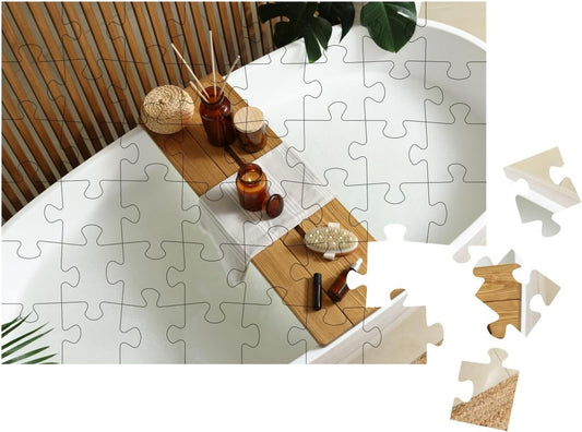Wooden Bath Tray with Open Book, Candle & Body Care Produ... Jigsaw Puzzle Jigsaw Puzzle with 48 Pieces