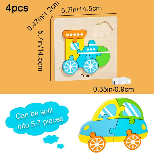 4 Pcs Wooden Puzzles for Toddlers 3-5 Vehicle Shape Jigsaw Sensory Toys Wooden Vehicle Toddler Puzzles Toys Jigsaw Puzzles for 3 4 5 Year Old Kids Infant Toddlers