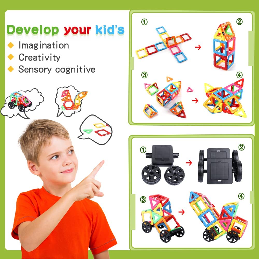 Magnetic Tiles with 2 Cars Magnetic Toys for 3 4 5 6 7 8+ Year Old Boys Girls, Magnetic Blocks Building Set for Toddlers STEM Creativity Educational Toys for Kids Age 3-6