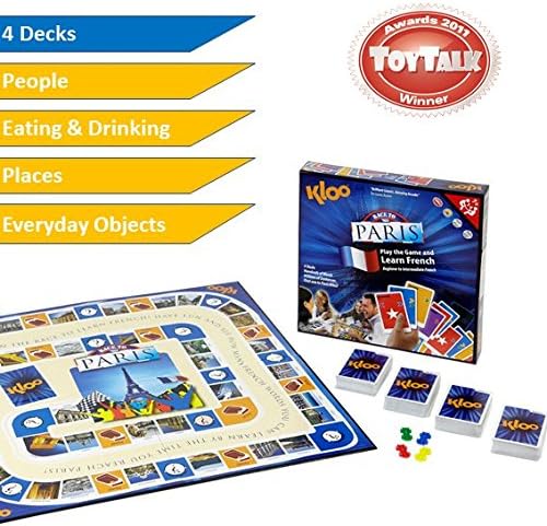 Learn French with KLOO's Race to Paris Board Game - 4 Decks - Award Winning Fun - Beginner to Intermediate