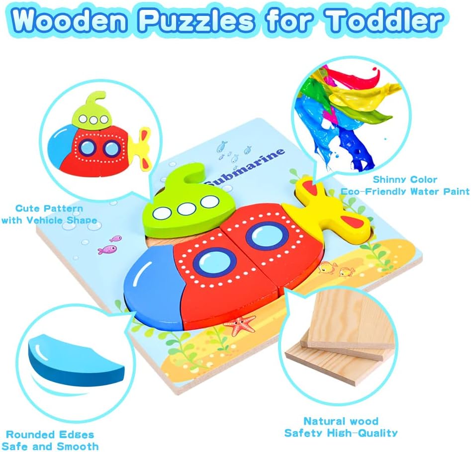 Toddler Toys Wooden Puzzles for Toddlers 1 2 3 Year Old Boys Girls Toys 6 Packs Vehicle Shape Jigsaw Puzzles Sensory Toys for Toddlers 1-3 Baby Infant Educational Learning STEM Toys Gifts