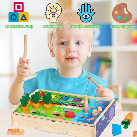 Wooden Toys for Toddlers Age 3+ Year Old 4-in-1 Wooden Toy Includes Xylophone,Shape Sorting,Magnetic Fishing,Carrots Harvest Game for Learning Developmental Toy Activity Gift