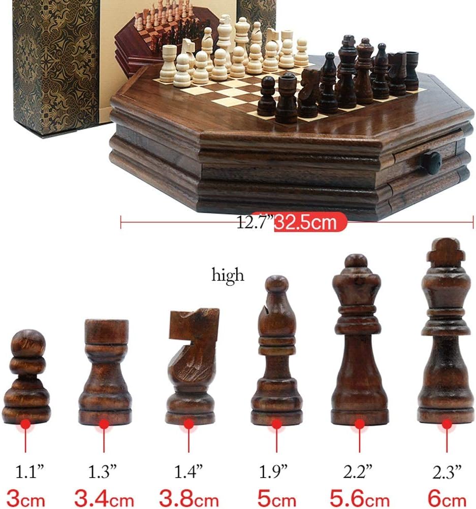 International Chess Wooden Chess Set 12.7x12.7in Octagonal Wood Chess Board Game with Storage Drawers Chess Set for Kids Adult Gifts,Gift Package Chess Gifts