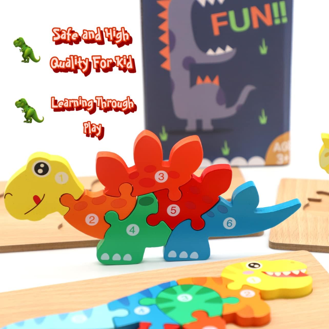 Wooden Puzzle Toys, Pack of 4 Dinosaur Shape, Color Toy Educational with Colors Puzzle for Kid, Recognition Skill I (Dinosaur)