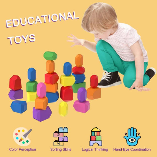26Pcs Wooden Stacking Blocks – Toys for 1-3 4 5 6 Year Old Toddlers and Kids Building Stones Toy,Educational Preschool Learning Color and Shape Recognition Gift for Boys and Girls