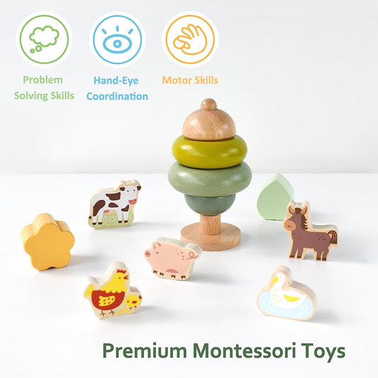 Educational Toys Set 3 in 1 - Wooden Toys Shape Sorter Cubes - Activity Stacking Toys - Animal Todder Puzzles - Classic Learning Toys Gift for Baby 1 Year Old and Up.