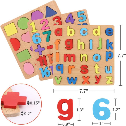 Puzzles for Toddlers, 3 Pack Wooden ABC Alphabet Number Shape Puzzles Toddler Learning Toys for Kids Boys and Girls