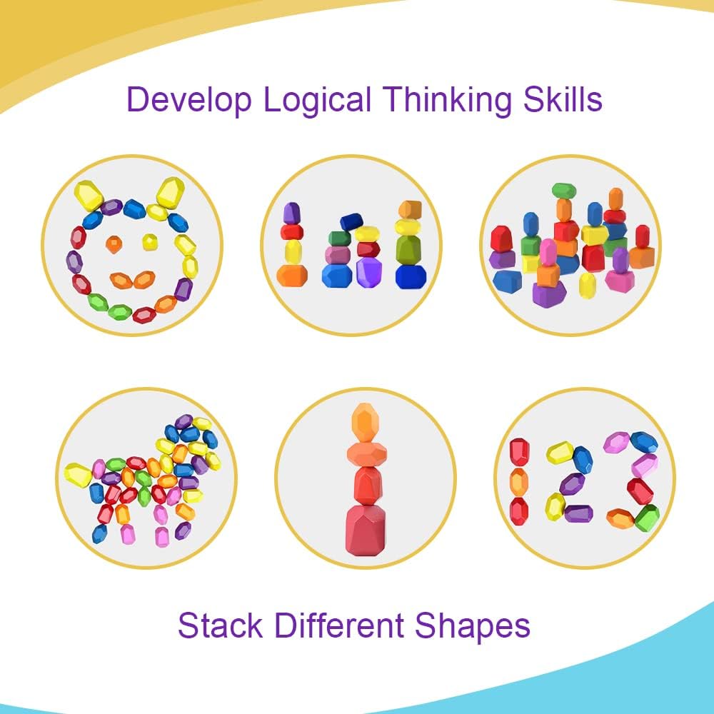 26 Pcs Wooden Sorting Stacking Rocks Toy Stacking Rocks Balancing Stone Rocks Wooden Building Blocks Toddler Toys for Educational Preschool Learning Toy Ages 3-5