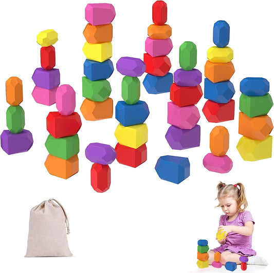 52 Pcs Toddler Wooden Stacking Rocks Toys for Boys & Girls Over 3 Years Old Educational Preschool Learning Toys for Kids Wood Rocks