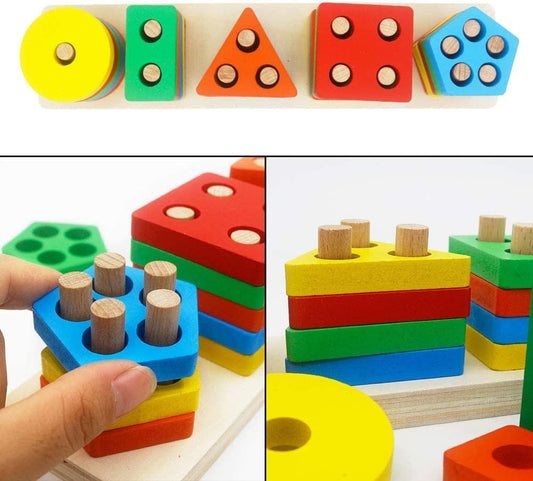 Wooden Educational Preschool Toddler Toys Shape Color Sorting Block Puzzles for Boys & Girls