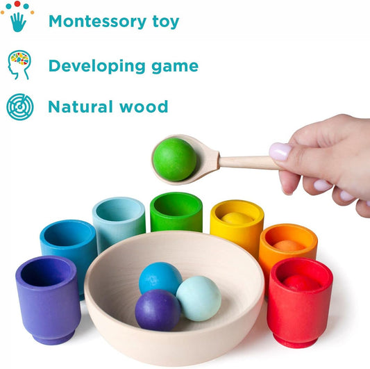 Rainbow Balls in Cups Toy Wooden Sorter Game 7 Balls 30 mm Age 1+ Color Sorting and Counting Preschool Learning Education