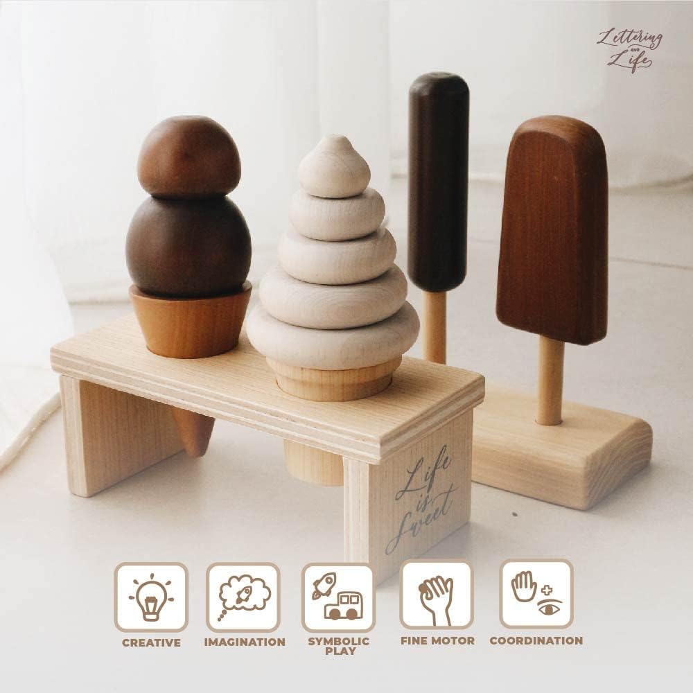 Ice Cream Toy Pretend Food Toddler Toy Play Ice Cream Set for Kids Pretend Play Kitchen Playset Kids Wooden Toy Kitchen Accessories Set (Classic Flavor)