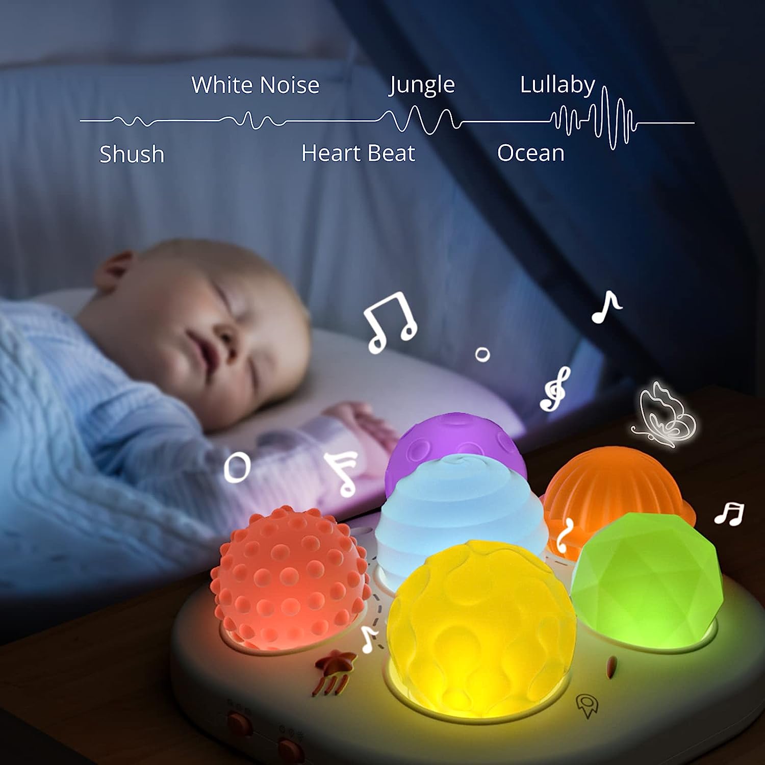 Light up Toys for Baby, Crib Toys with Sensory Balls, White Noise Baby Crib Soother Music Toy for Newborn Babies 0 6 12 Months