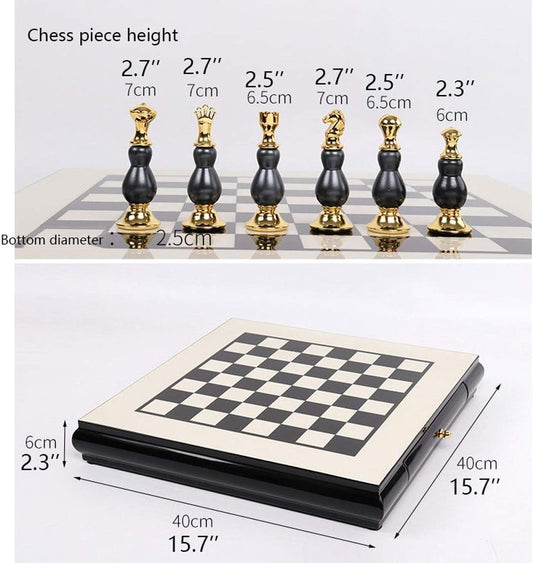 International Chess Board Set,Kids Gift High-Grade Wood Board Zinc Alloy Paint Chess Pieces Drawer Design Travel Portable Game Chess Board