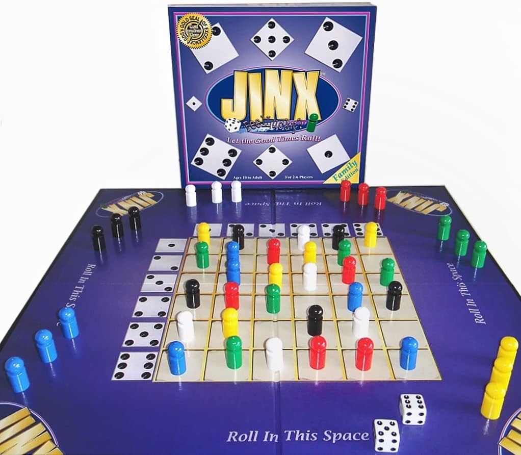 Jinx Board Game, A Game Where The Luck of The Dice Determines Your Fate. Get 'Jinxed' and Start from Scratch! Classic Party Game Night Fun for The Entire Family. Ages 10 to Adult.