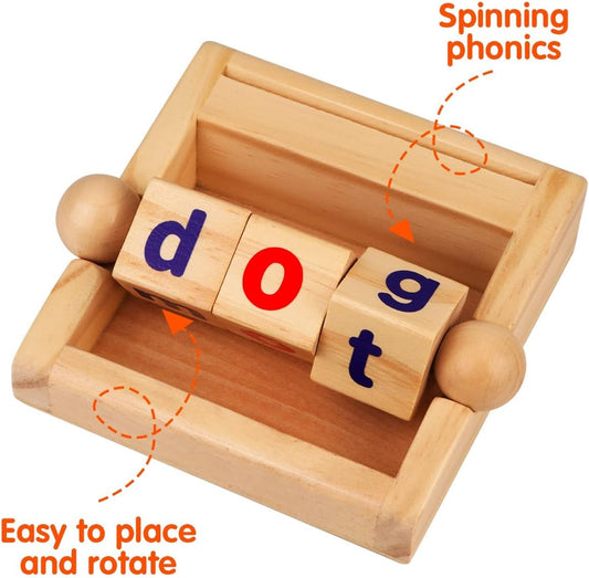 Toys for Toddlers 2 3 4 Years Old Wooden Reading Blocks Flash Cards Short Vowel Turning Rotating Matching Letters Toy for Kids Educational Alphabet Learning Toys for Preschool Boys Girls