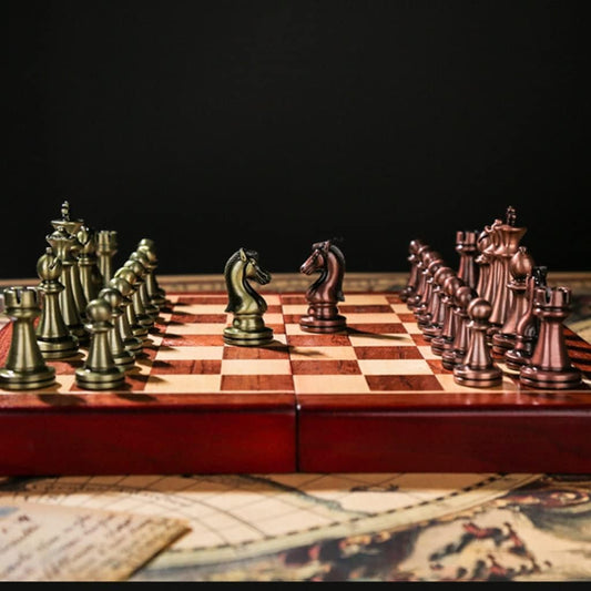 Chess Sets Travel Chess Board Game for Kids, Tournament Chess Set for Adults Unique, Exquisite Chess Board Wood and Chess Pieces Metal, Interior Storage Space, Mens Gifts (Color : Bronze)