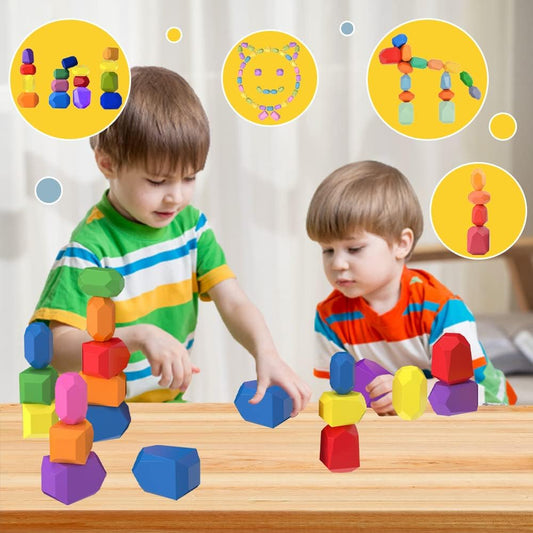 26 Pcs Wooden Sorting Stacking Rocks Educational Preschool Learning Toys Balancing Stone Rocks for 3-6 Year Old Boy or Girl Birthday Gifts