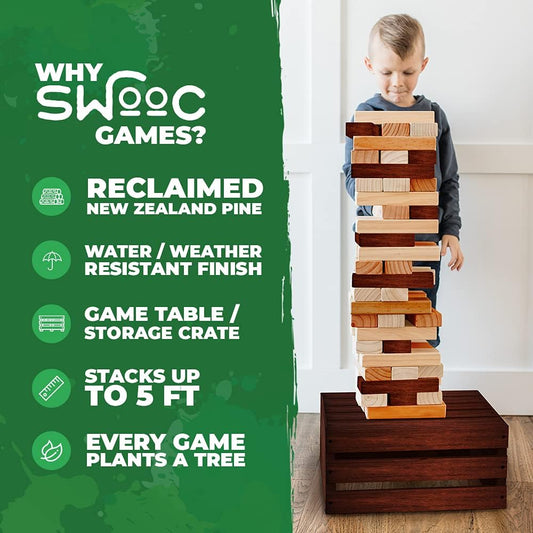 Games - Reclaimed Giant Tower Game | 60 Large Blocks | Storage Crate/Outdoor Game Table | Starts Over 2.5ft Big | Max Height of 5ft | Genuine Jumbo Toppling Yard Games | Jumbo Backyard Set