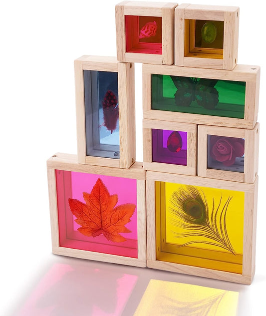 Wooden Large Building Blocks for Toddlers Baby Kids 8 Pcs Wood Rainbow Stacking Blocks Geometry Sensory Blocks Toy Construction Toys Set Colorful Preschool Learning Educational Toys for Boys Girls