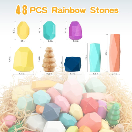 48PCS Toddler Wooden Stacking Building Blocks Toys for 1 2 3 4 5 6 Year Old Girls Boys Preschool Educational Sensory Toys for Toddlers 1-3 STEM Learning Toys Ages 2-4 Kids Toys Games Gift