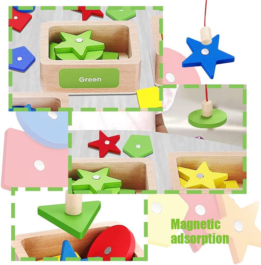 2-in-1 Wooden Colors Shapes Sorting Matching Infant Toys Educational Magnetic Wooden Fishing Game Toy Wooden Sorting Toy for Toddlers Over 3 Years Old Gifts