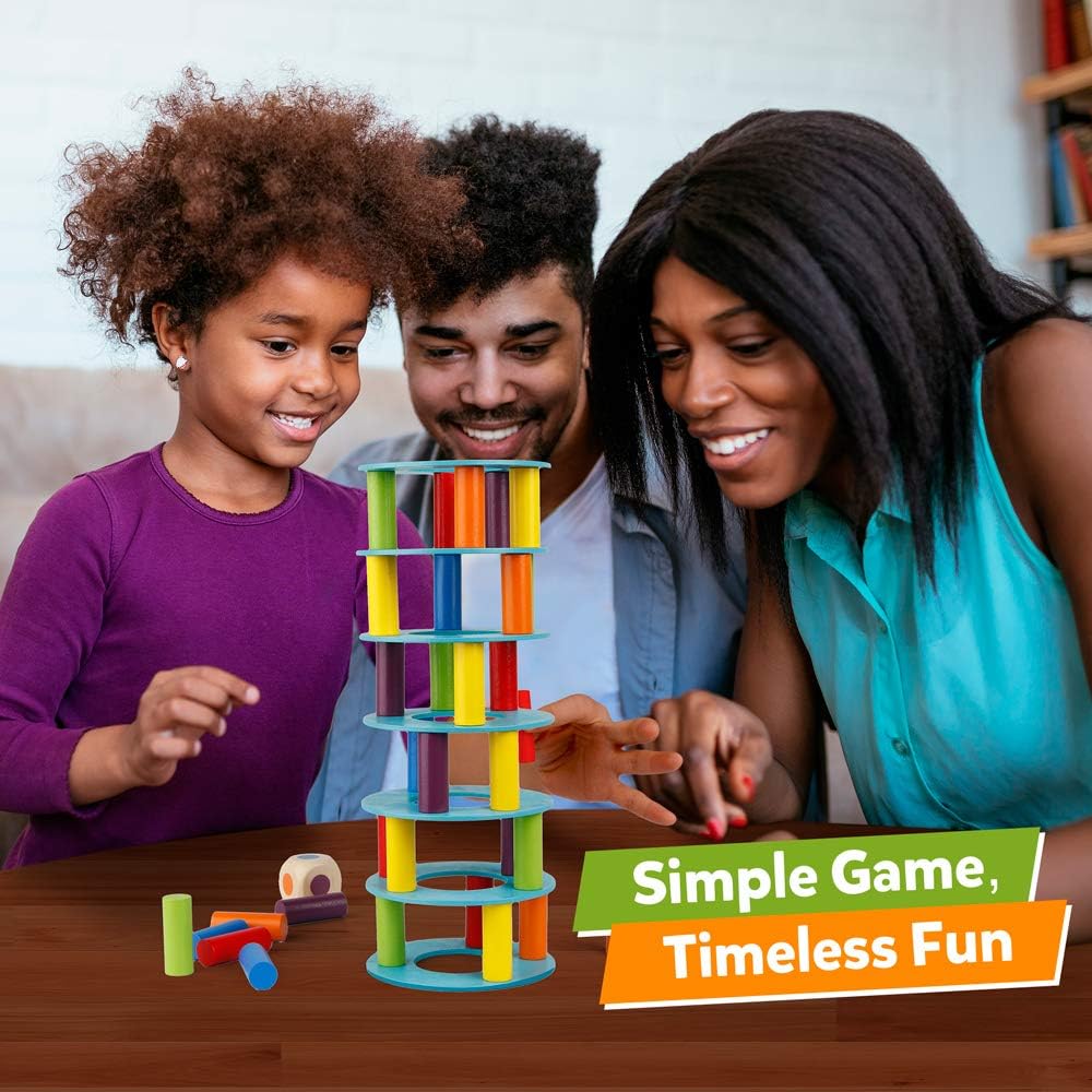 Wooden Tower Stacking Game, Fine Motor Skill Building Blocks with Dice Toppling Leaning Tower Toy Party Family Games for Kids and Adults