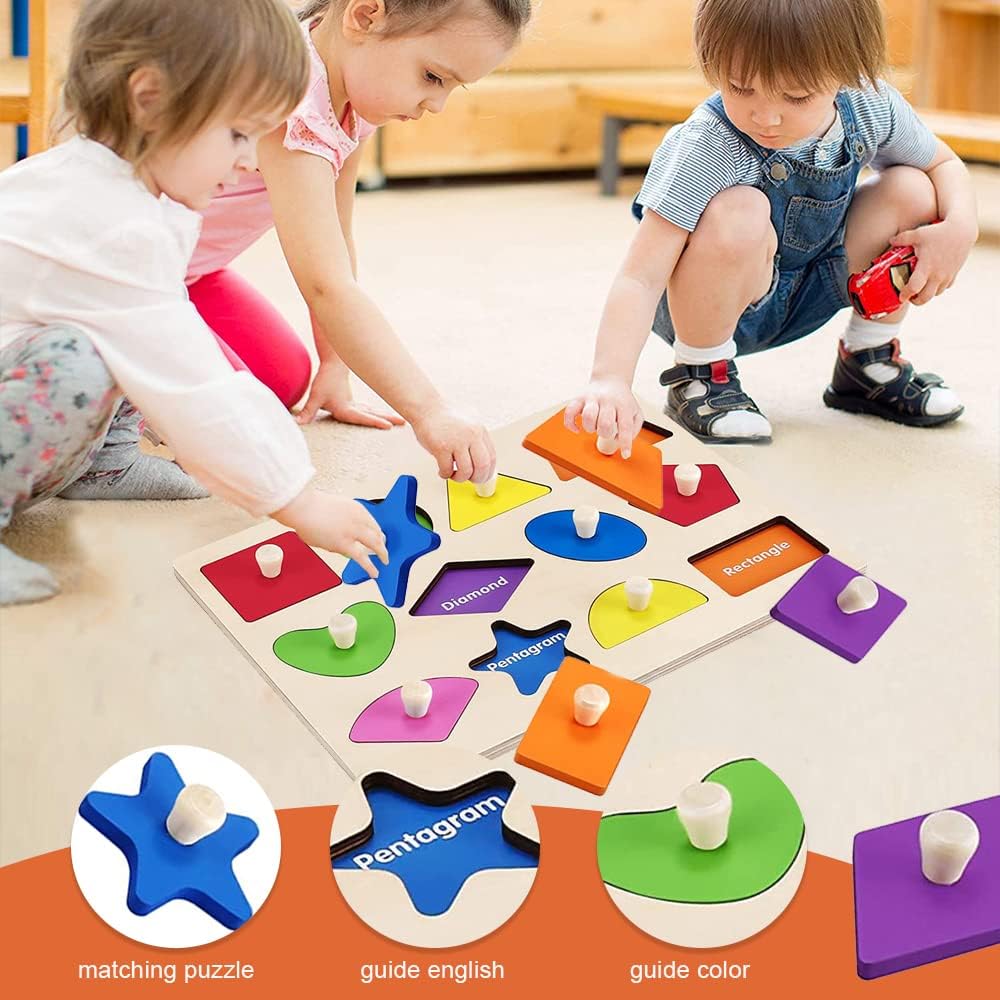 Geometric Wooden Puzzle Wooden Shape Peg Puzzles Jumbo Knob Wooden Puzzle Geometry Shape Puzzle for 1 2 3 Boys Girls Kids Chris as Birthday Gift Learning & Education Toys